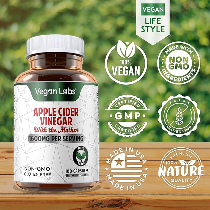 Vegan Labs Apple Cider Vinegar Capsules with The Mother- 180 Vegan Capsules, 1600MG Per Serving- 100% Natural ACV Pills- Supports Healthy Digestion, Keto, Weight Management, Detox, and Immune System