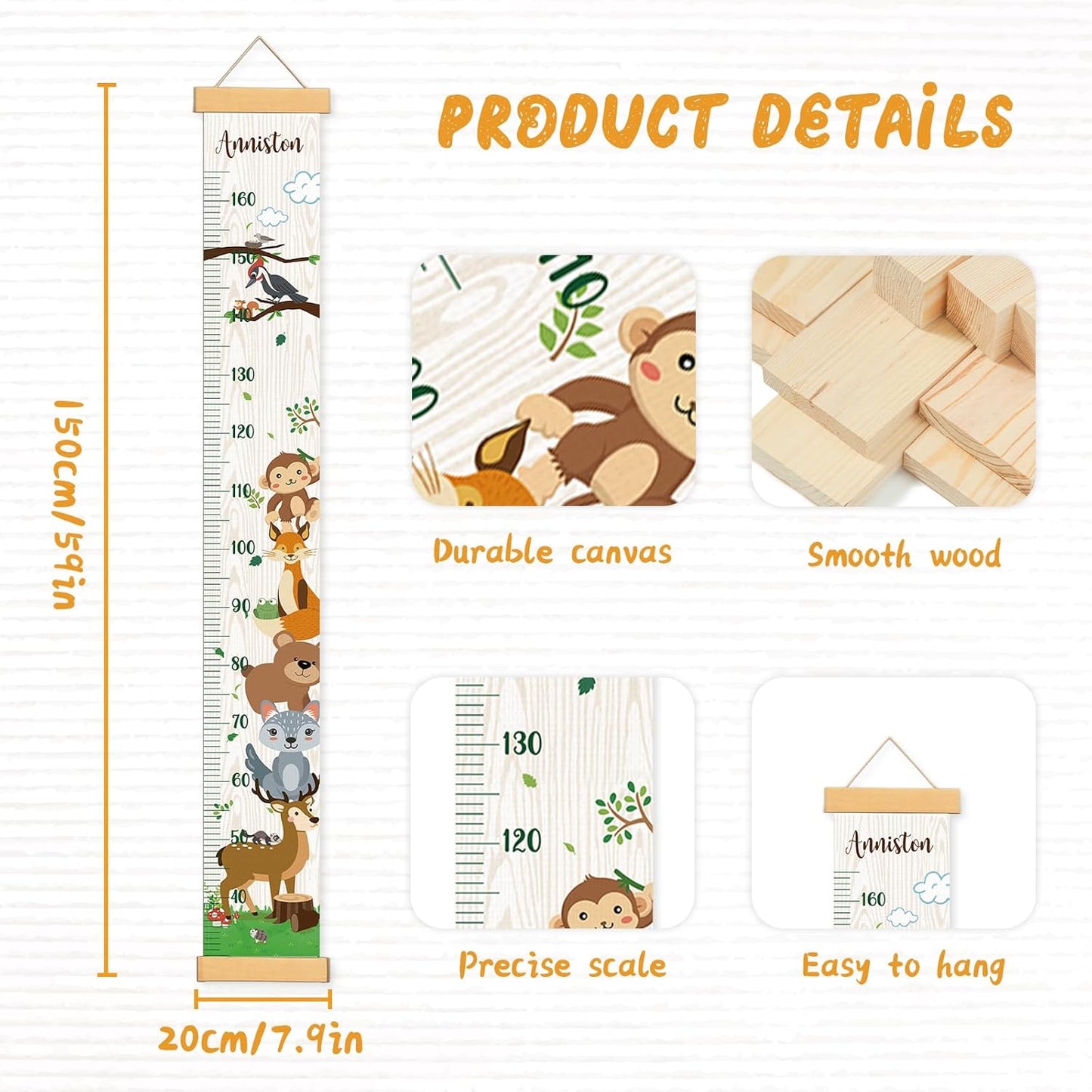 Personalized Name Growth Chart Wall Decor for Kids – Canvas Removable Height Chart Measuring Ruler 59" x 7.9" (Zoo)