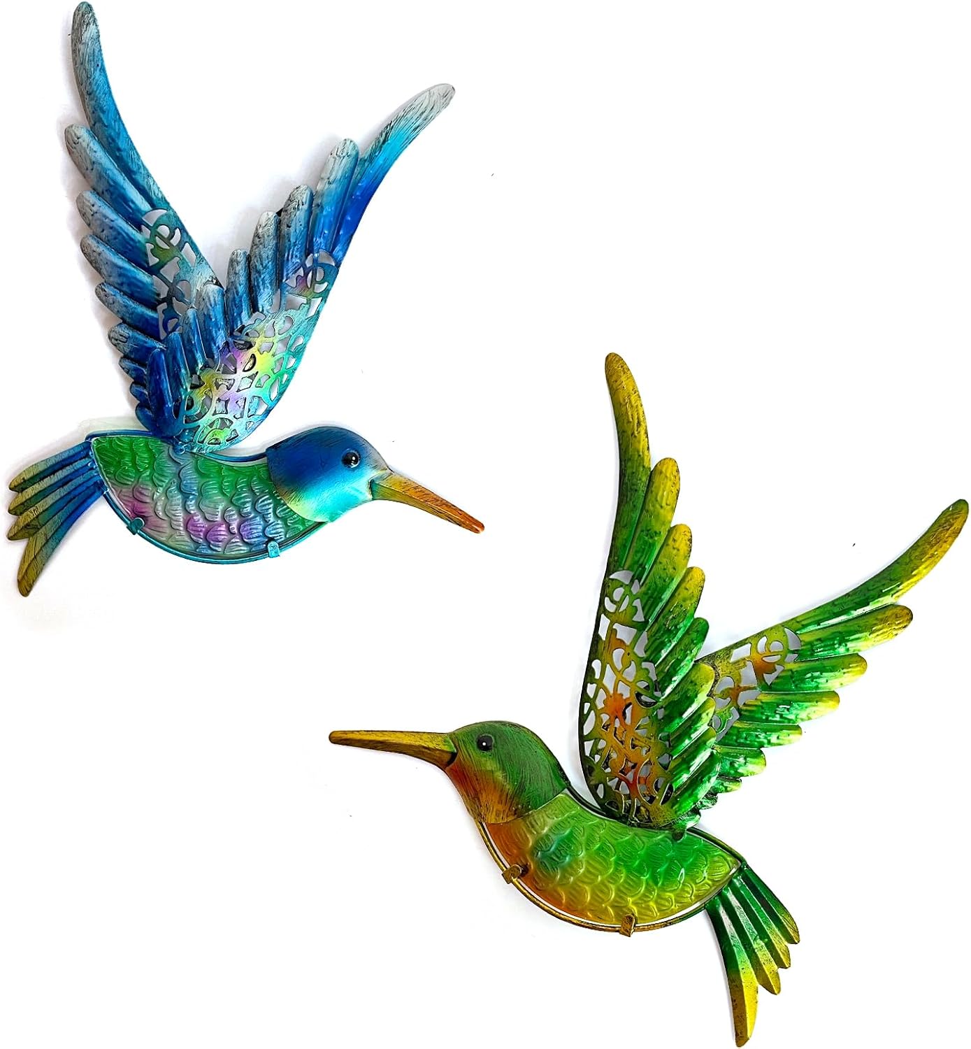 HONGLAND Metal Hummingbird Wall Art 12inch Metal Birds Wall Sculpture Garden Decoration Outdoor Statue Patio Fence Hanging Plaques 2 Pack(Blue-Green)