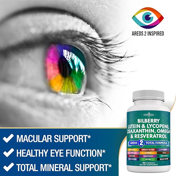 NEW AGE Eye Health Vitamins 6000mg Lutein 40mg Lycopene 40mg Resveratrol 3000mg Grape 6000mg Astaxanthin 60 Count