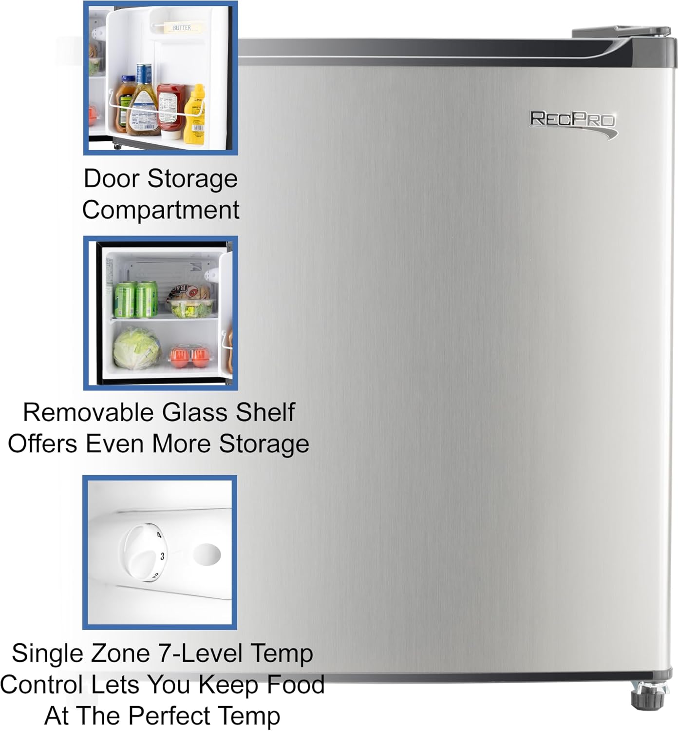RecPro 1.7 Cu Ft 12V RV Refrigerator | Compact Fridge with Reversible Door, 2L Bottle Door Storage, 7 Temp Settings | Eco-Friendly R600A, Leveling Feet, Wire Shelf | 19.5”H x 17.5”W x 19.8”D