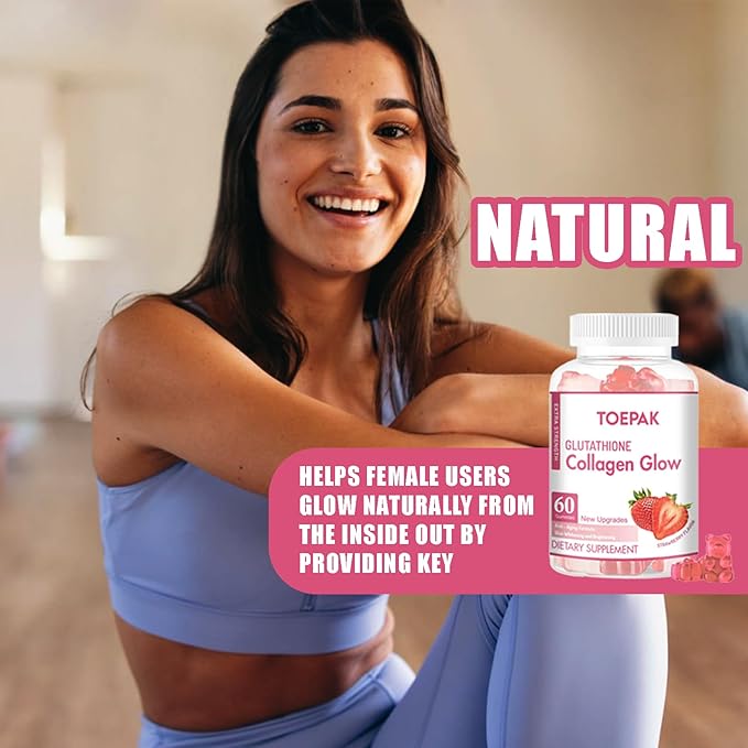 Glutathione Collagen Glow Gummies for Women, Glow Beauty Collagen Anti-Aging brightens Skin Tone & Reduces Fine Lines Wrinkles, Strawberry Flavor, 120 Gummies, 60 Servings (60 Days)