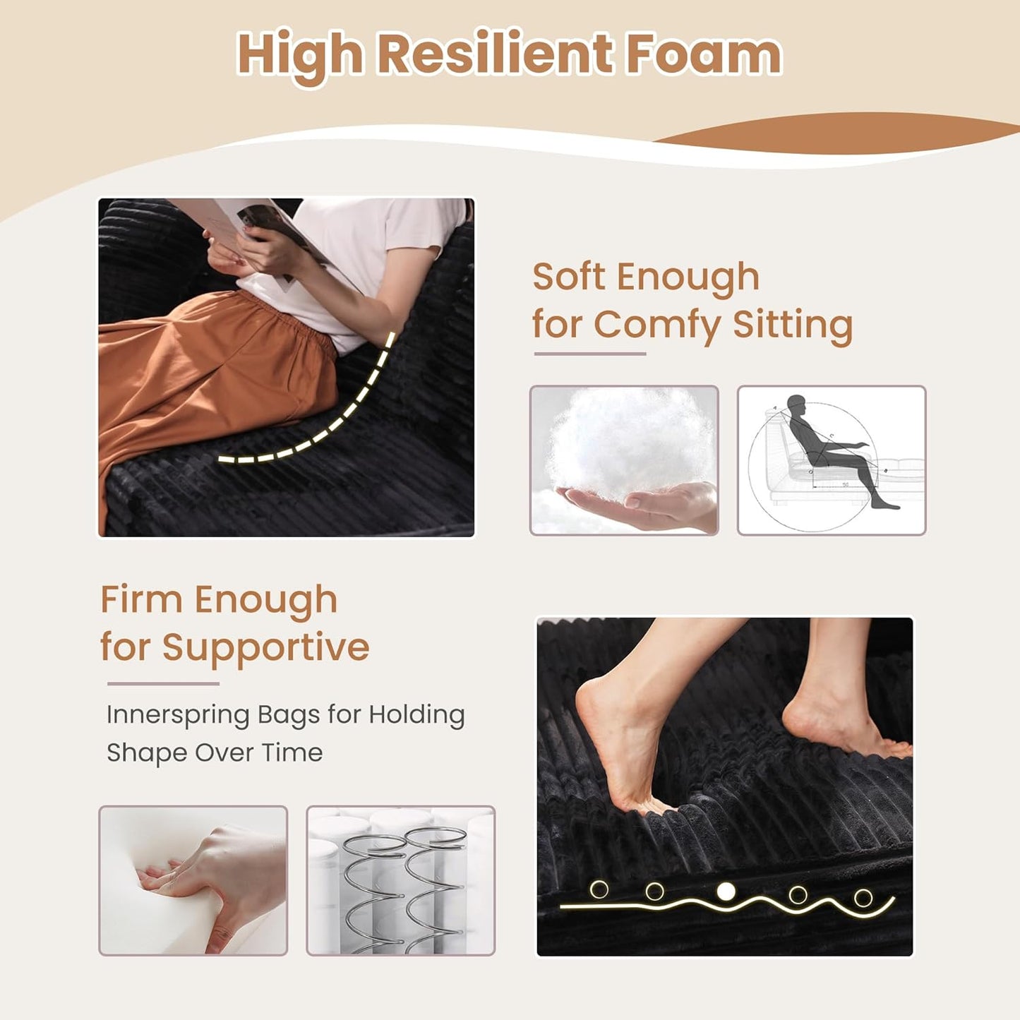 HOOOWOOO Cloud Sectional Couches for Living Room,Modular Sectional Sofa No Assembly,Plush Corduroy Large Floor Couch Furniture Set with Deep Seat Left L Shape and Chaise Lounge(Black)