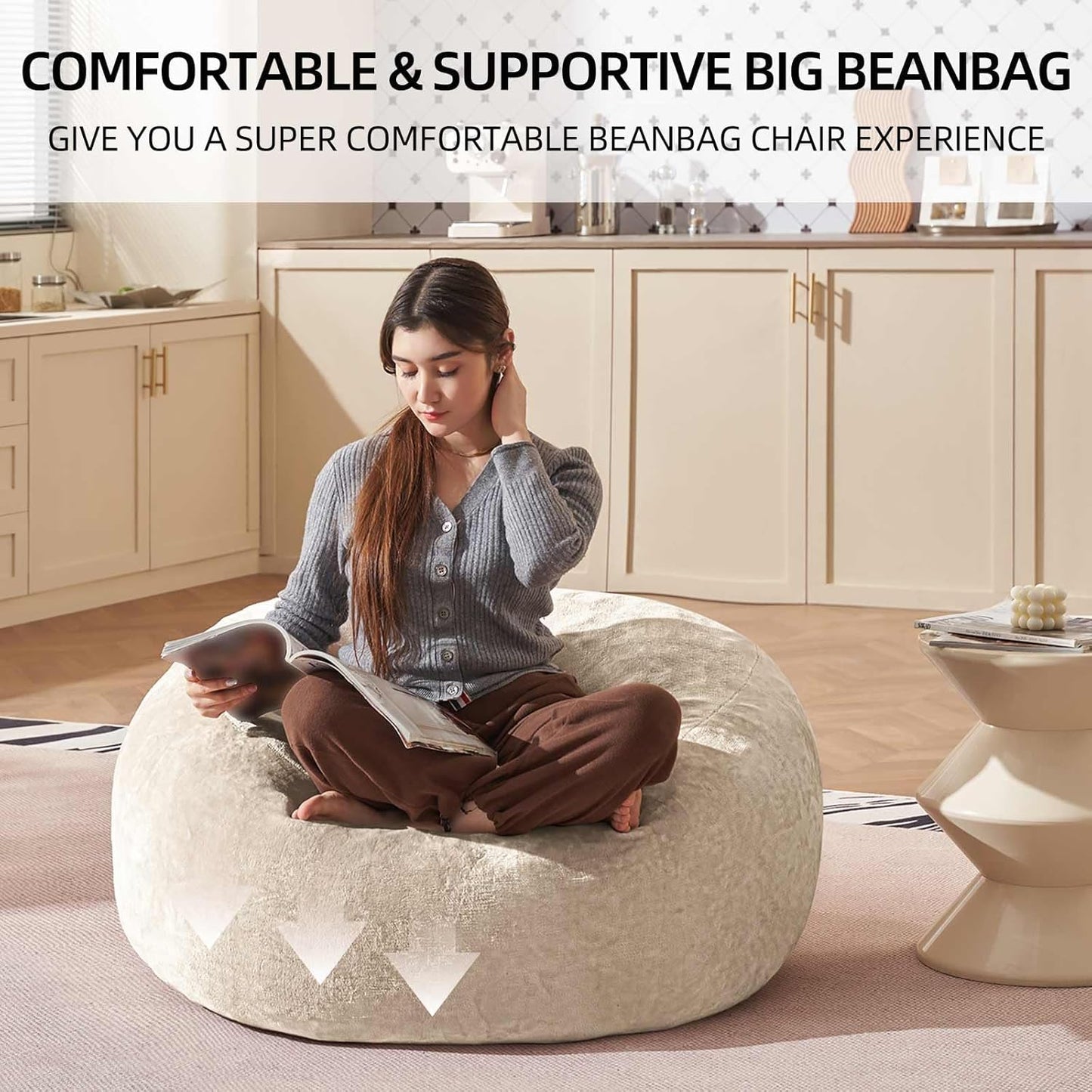 Bean Bag Chair 3Ft, Memory Foam Filled, Large Beanbag Chairs for Adults and Teens, Soft Sofa with Removable Flannel Cover, Round Couch for Living Room Bedroom College Dorm (Apricot, 3FT-36×36"×24")
