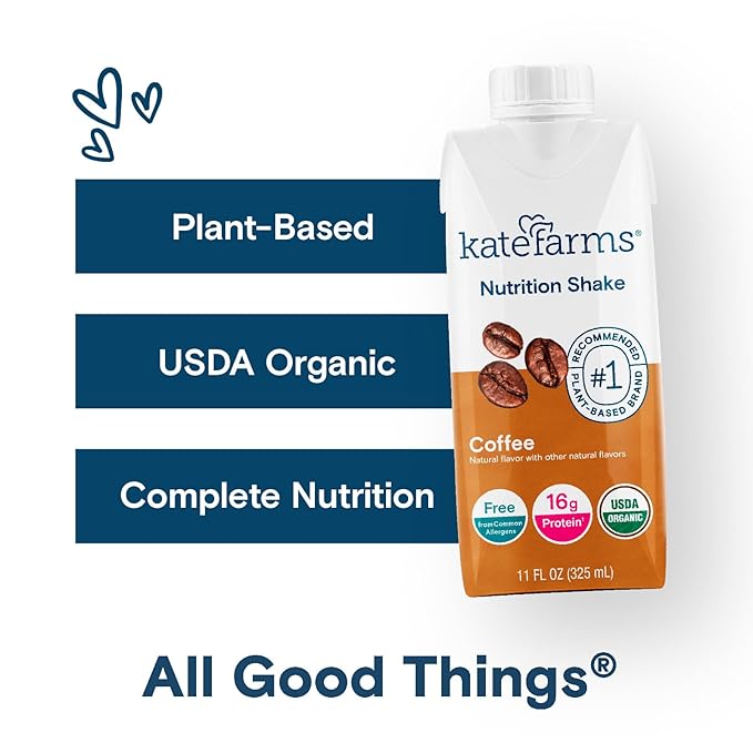 KATE FARMS Organic Nutrition Shake, Coffee, 16g protein, 27 Vitamins 11 oz (6 Pack)