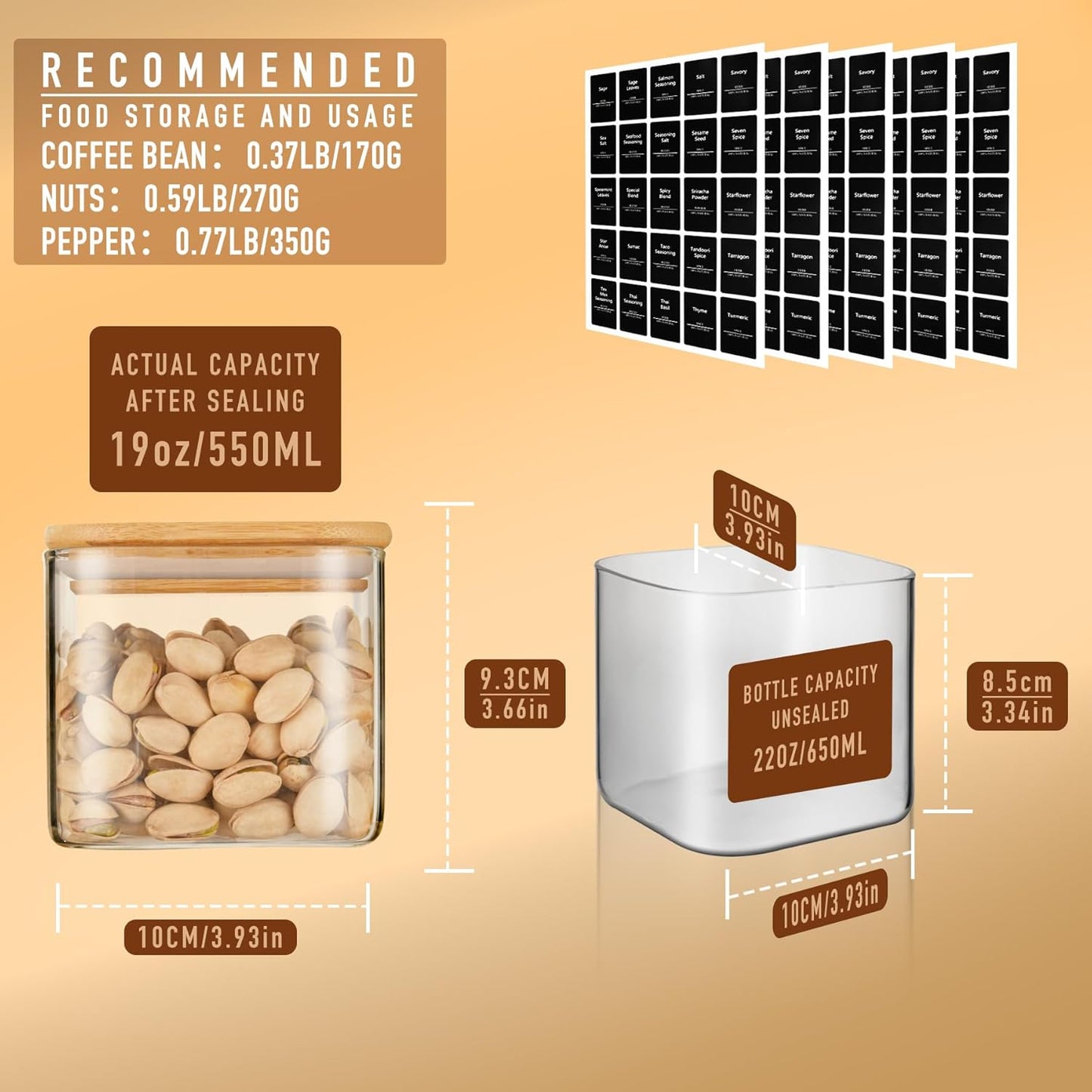 22oz Airtight Square Spice Containers with Bamboo Lid Set of 6 (650ml) Kitchen Pantry Organization Jar Stackable Spice Jar, for Sugar, Tea, Cookies and Coffee beans (with Black Lable)