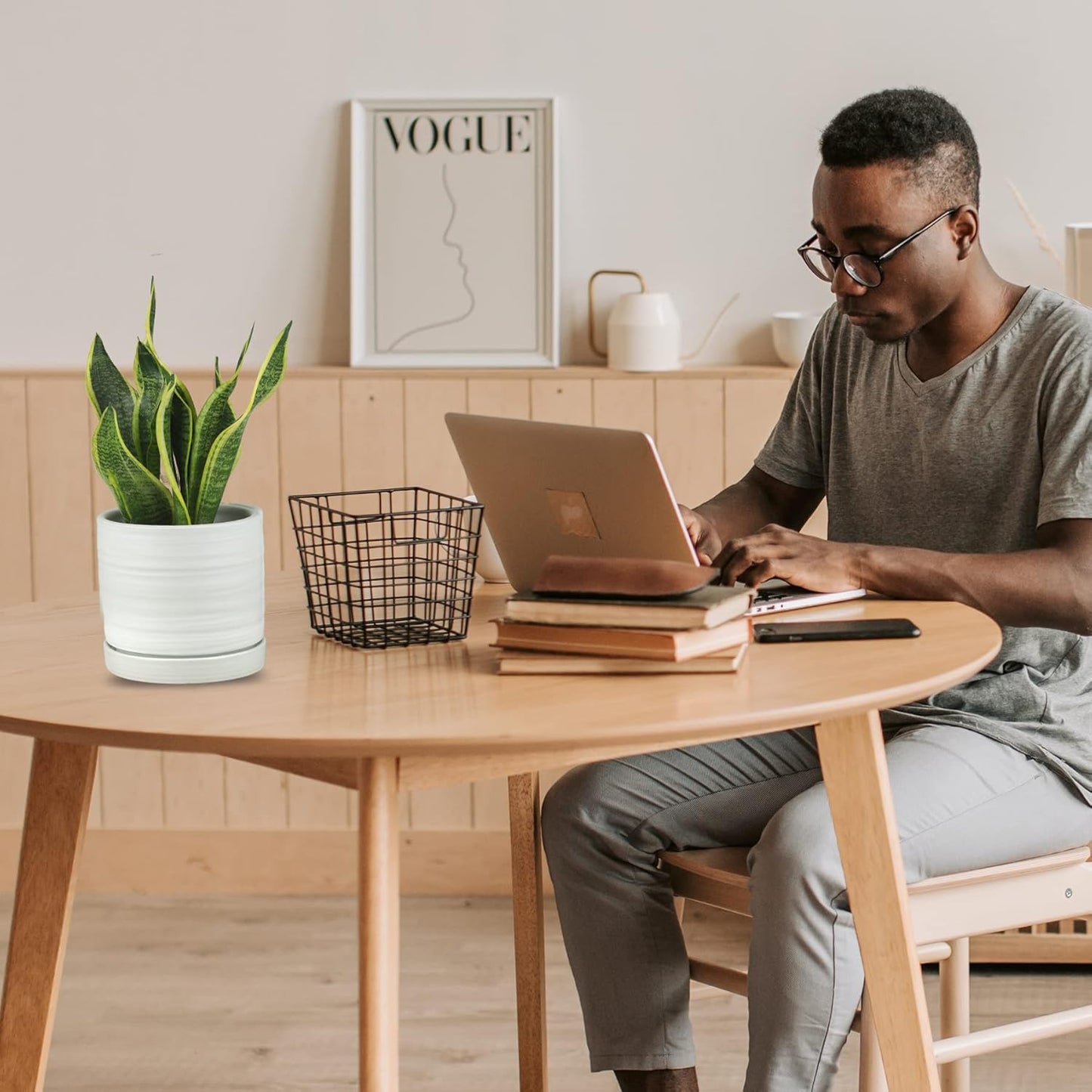 6 Inch Plant Pots, Ceramic Planter Pot with Drainage Hole & Saucer, Indoor/Outdoor Cylinder Round Planter Pot, Matte White