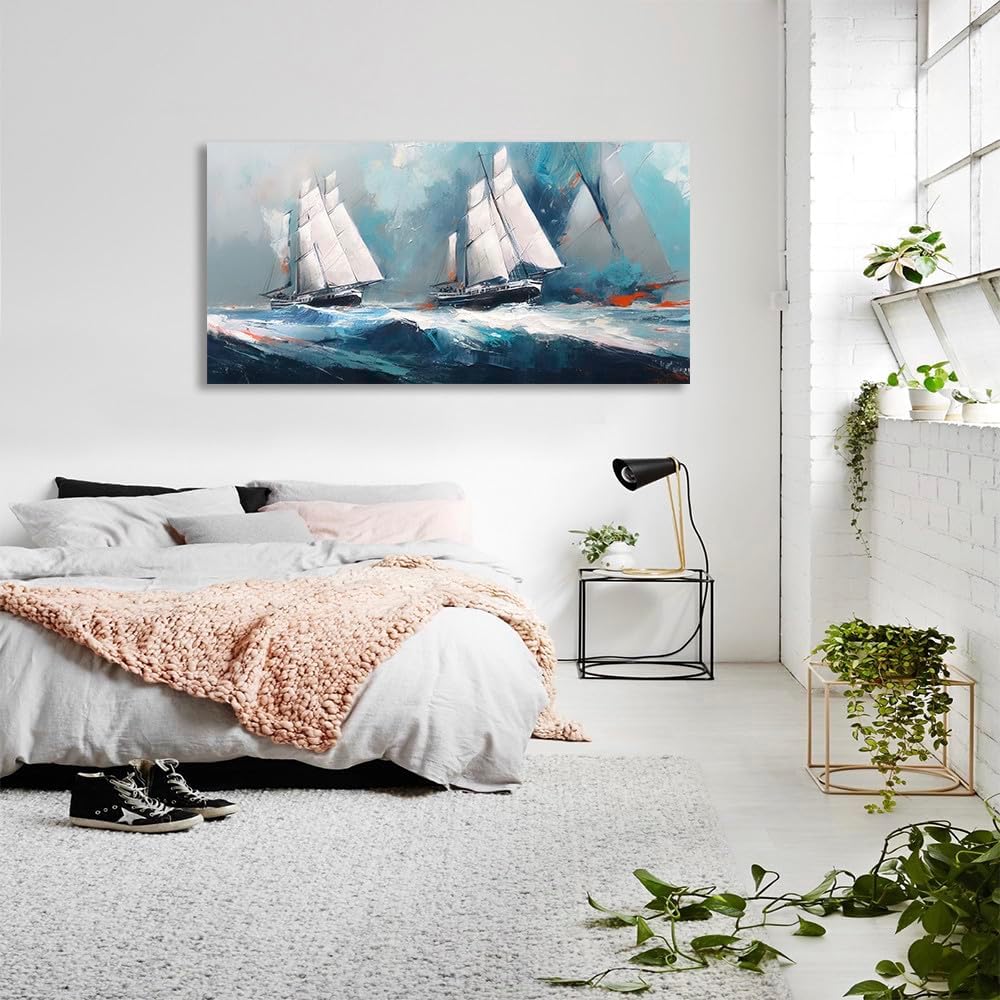 RUISHI Ocean Wall Art For Living Room Abstract Sailboat Canvas Nautical Painting Teal Blue Textured Print Coastal Themed Picture Artwork for Bedroom Bathroom Home Office Decoration 40L x 20W