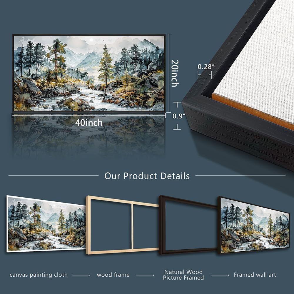 PHAOHUAXM Large Wall Art For Bedroom Wall Decor For Living Room Office Home Decoration Rivulet View Painting Forest Tree Landscape Watercolour Canvas Pictures Ready To Hang Black Framed 20x40 In