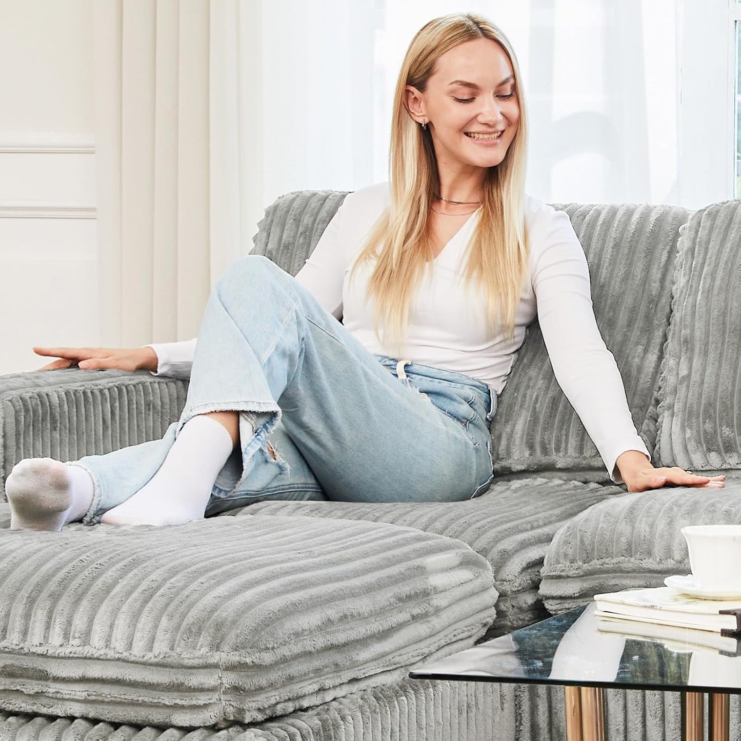 Belffin Modular Sectional Sofa with Storage Ottoman, Oversized Cloud Couch Sectional with Extra Deep Seat, Convertible Upholstered U Shaped Sectional Couches for Living Room, Plush Corduroy Light Grey