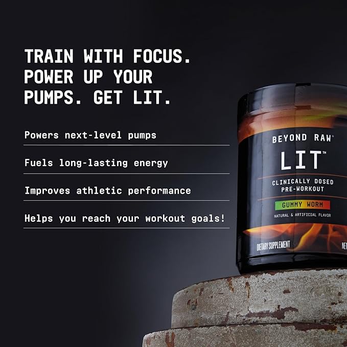 BEYOND RAW LIT | Clinically Dosed Pre-Workout Powder | Contains Caffeine, L-Citrulline, Beta-Alanine, and Nitric Oxide | Jolly Rancher Blue Raspberry | 30 Servings
