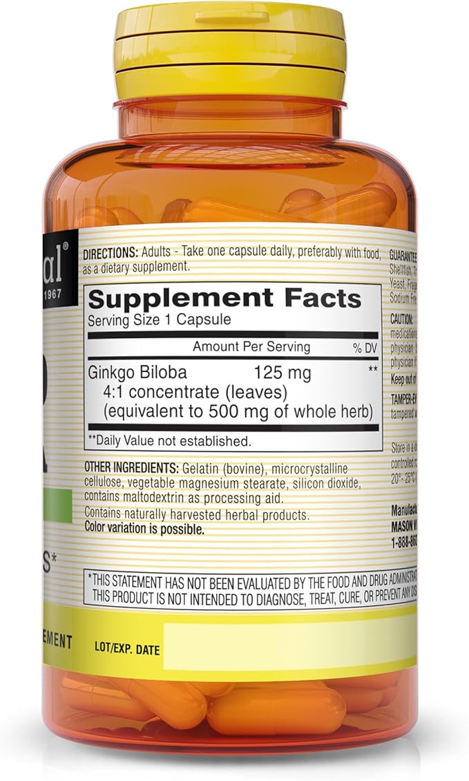 Mason Vitamins Ginkgo Biloba Leaves Powder, 500 mg 180 Gelatin