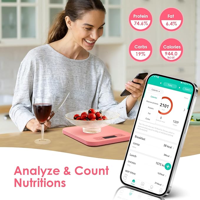 Smart Food Scale for Weight Loss, Digital Food Scale Grams and Ounces with Nutritional Calculator, Food Weight Scale for Diet, Keto, Macro, Calories Counting, Meal Prep 0.1oz/11lb (Pink)