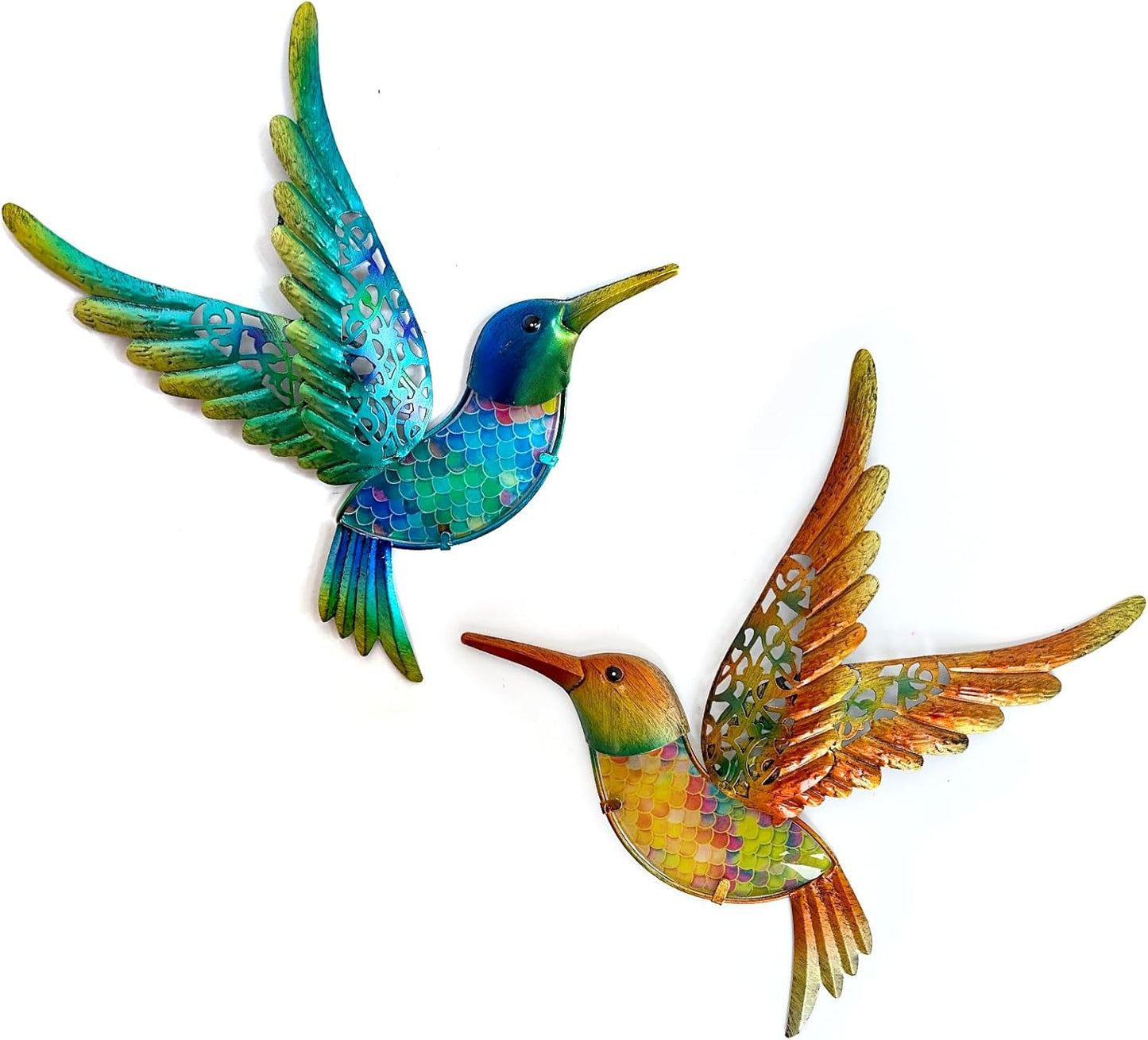 HONGLAND Metal Hummingbird Wall Art 12inch Metal Birds Wall Sculpture Garden Decoration Outdoor Statue Patio Fence Hanging Plaques 2 Pack(Multicolor)