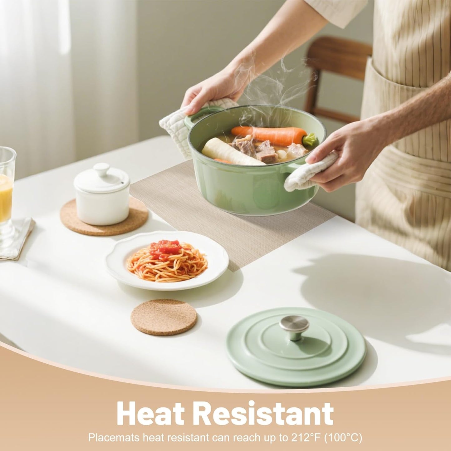 Placemats Set of 6,Non-Slip PVC Weave Table Mats Easy to Clean,Heat Resistant Place Mats for Kitchen Dining Table Decoration Indoor Outdoor,Beige White