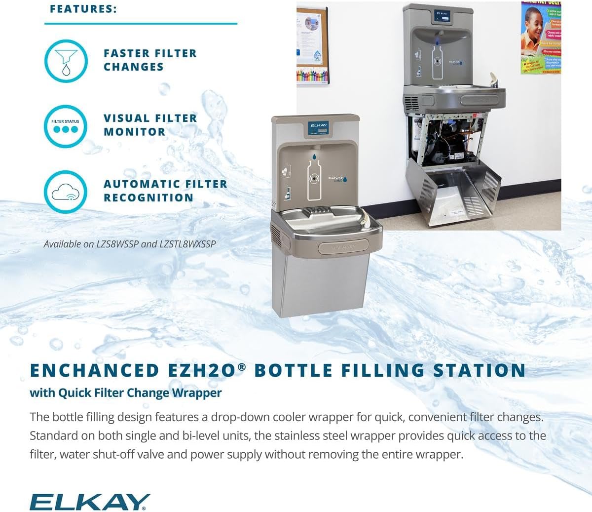 Elkay LZSTL8WSSP Enhanced Bottle Filler & Bi-Level ADA Cooler Refrigerated Stainless High Capacity Lead Drop Down Wrapper