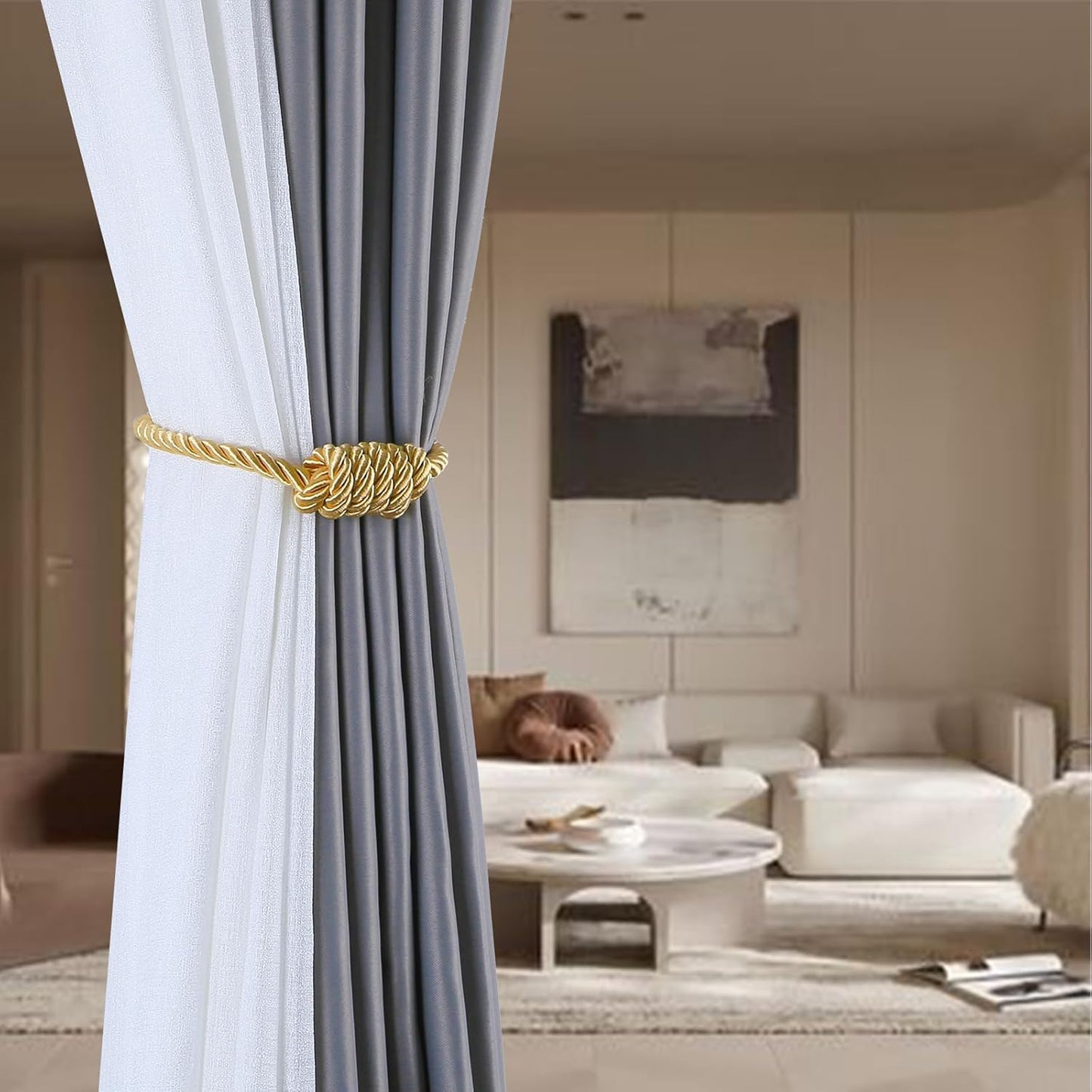 Fenghuangwu 4Pack Magnetic Curtain Tiebacks – Bohemian Style Handmade Woven Tie-Backs for Drapes,Elegant Exquisite Knot Holdbacks,Outdoor Boho & Modern Home Decor(Gold