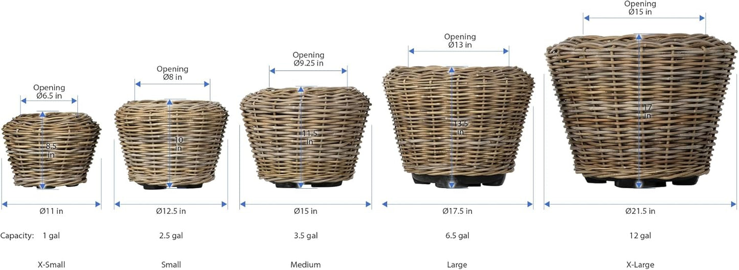 Rattan Kobo Indoor Outdoor Planter Basket with Plastic Pot X Small 1 Gallon Soil Capacity