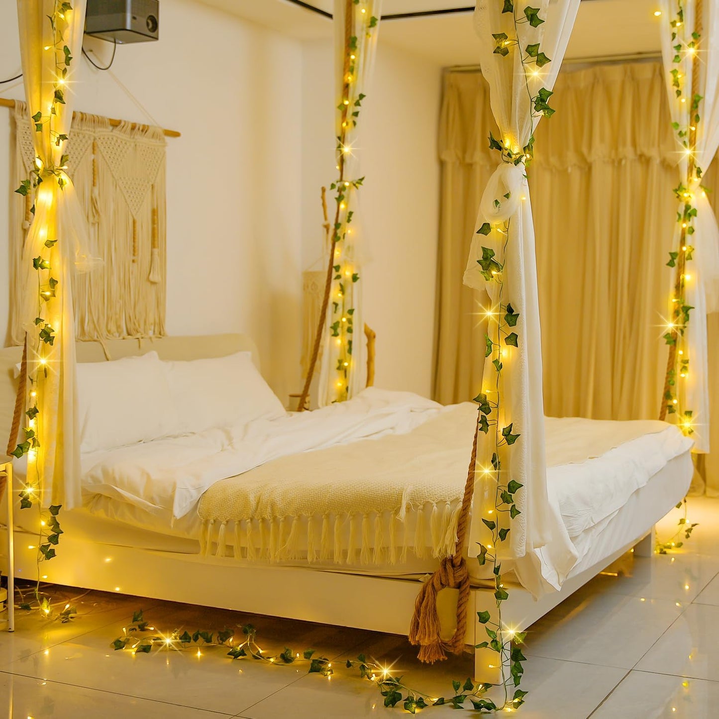 JMEXSUSS 100 LED Vines with Lights Plug in, Ivy Vines with Fairy Lights with Remote, 33 FT Leaf String Lights Waterproof for Room Bedroom Wall Fireplace Decoration(Warm White)