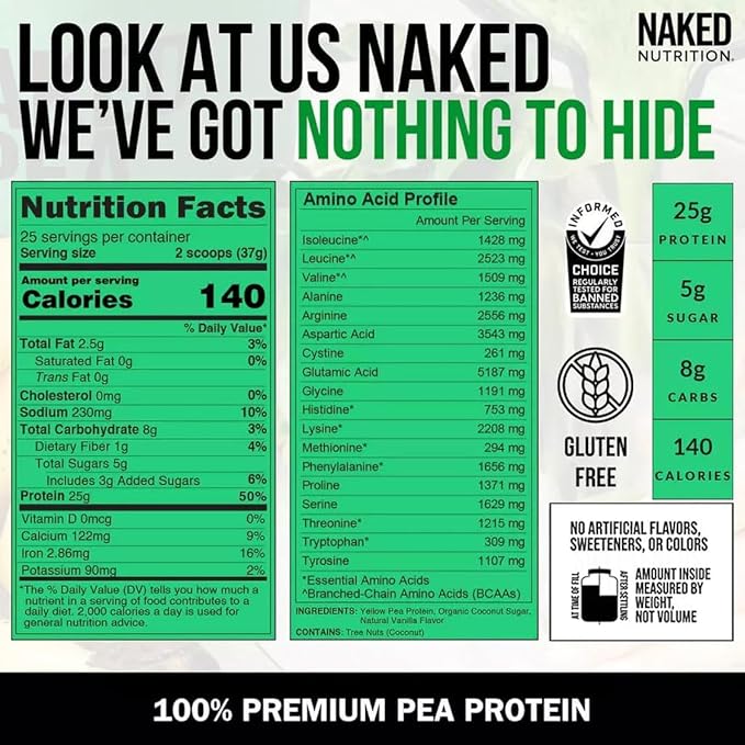 Naked Vanilla Pea Protein Isolate from North American Farms, Only 3 Ingredients, Vanilla Vegan Protein, Gluten-Free, Soy Free, GMO Free - 2LB