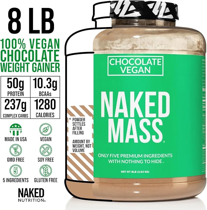 Naked Mass - Chocolate Vegan Weight Gainer - 8Lb Bulk, GMO Free, Gluten Free, Soy Free & Dairy Free. No Artificial Ingredients - 1,280 Calories - 11 Servings
