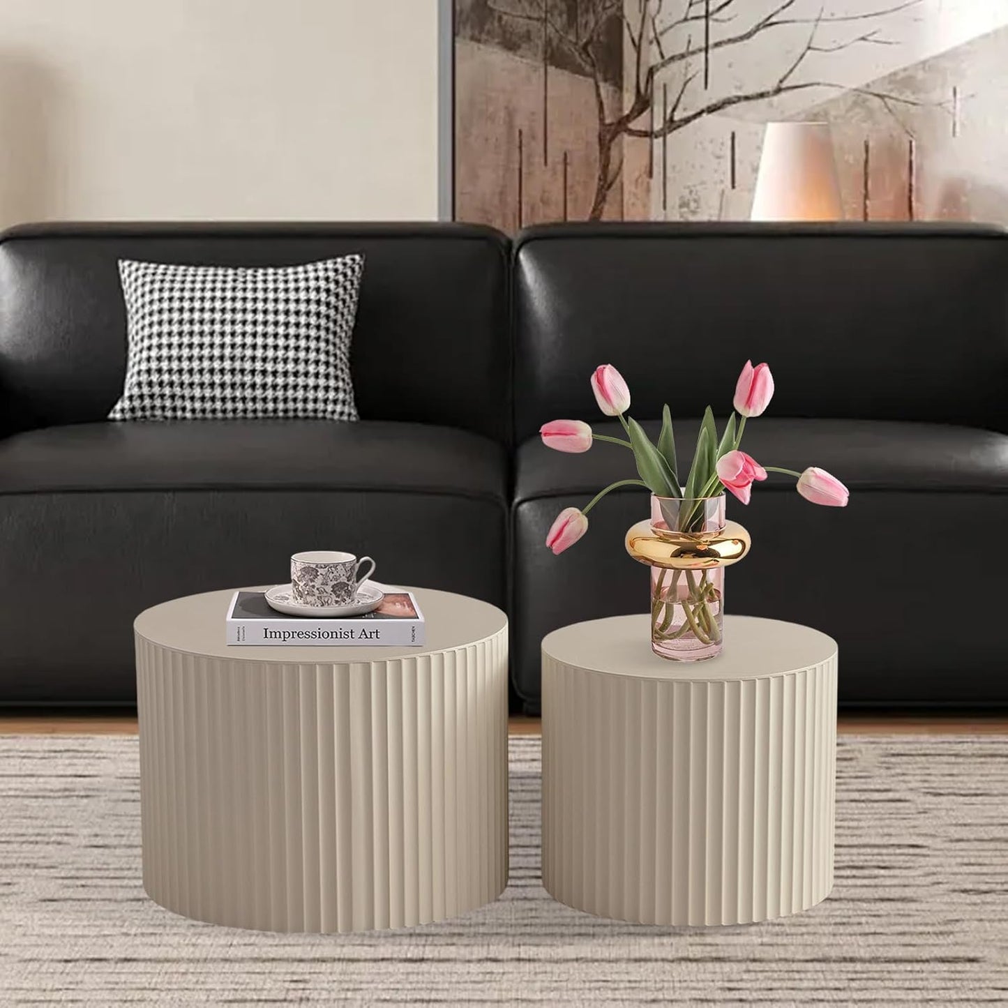 Round Nesting Coffee Table Set of 2, Modern Coffee and End Table Set Small Circle Wooden Drum Side Table Accent End Tables for Living Room Office, No Assembly,Cream Small