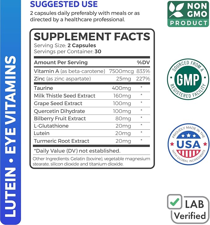 Lutein Eye Vitamins (Non-GMO) Vision Support 60 Capsules