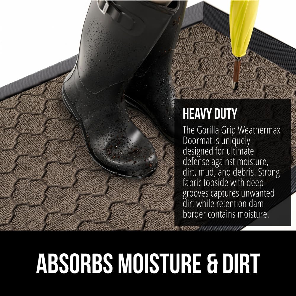 GORILLA GRIP 100% Waterproof All-Season WeatherMax Doormat, 60x24, US Designed Natural Rubber, Stain and Fade Resistant, Low Profile Indoor Outdoor Door Mats, Easy Clean Patio Mat, Latte Quatrefoil