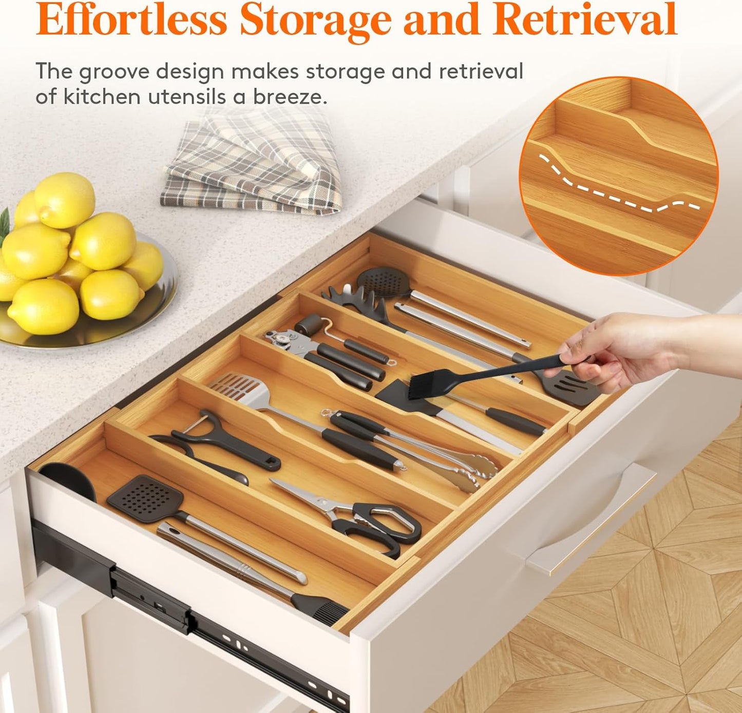 Lifewit Utensil Organizer for Kitchen Drawer, Expandable Cooking Utensil Tray, Bamboo Cutlery Silverware Flatware Holder, Adjustable Spatula Tools Gadget Storage Divider, 28 x18.5 x 2 inches, Natural