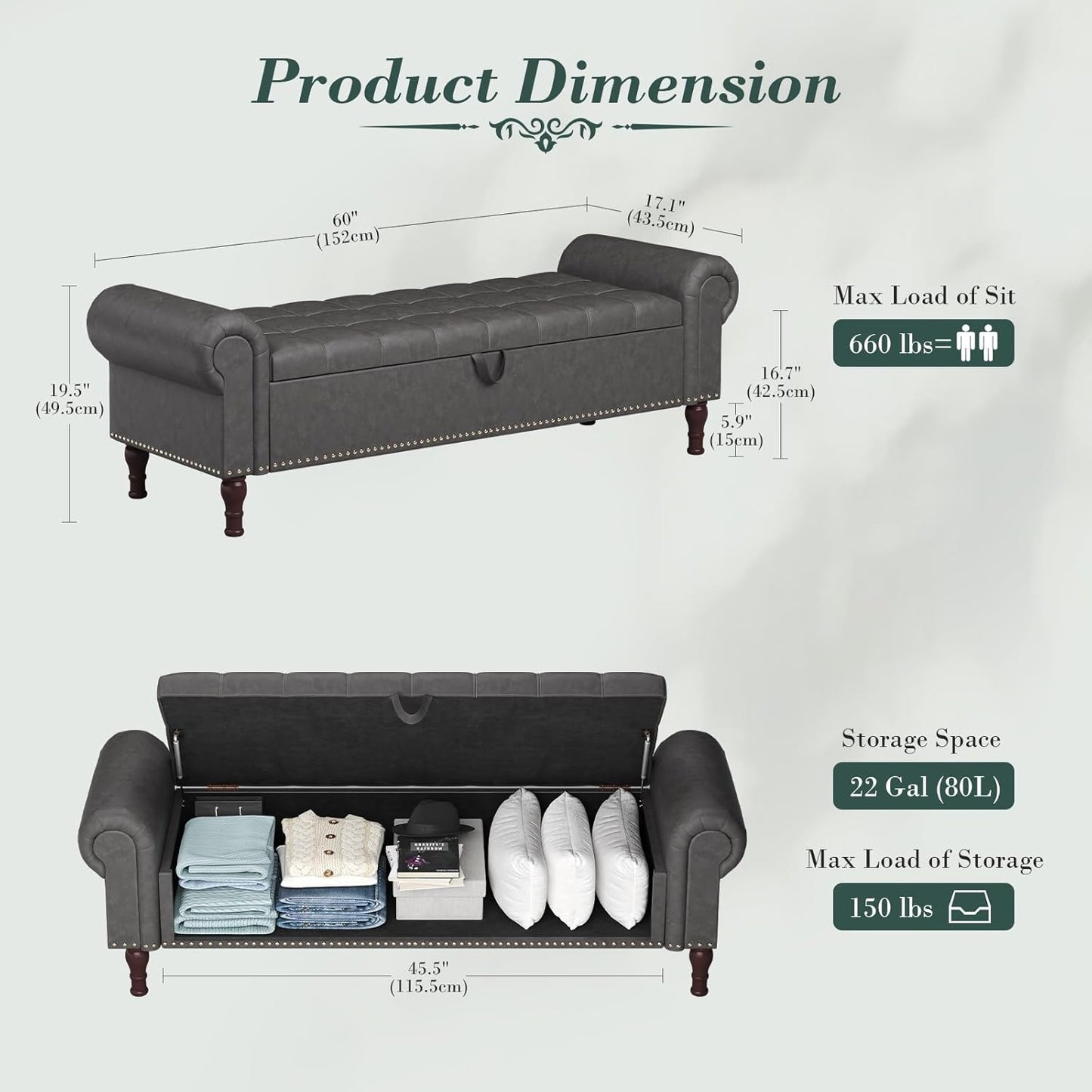 Apicizon 60”Bench with Storage, Upholstered Tufted Button Window Bench with Plenty Hidden Storage Space,Faux Leather Ottoman Bench for Bedroom, Living Room, Entryway,Gray
