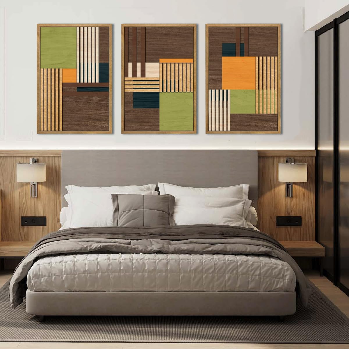 Large Modern Abstract Wall Art Set Minimalist Line Wood Wall Decor Neutral Brown Art Decor Colorful Geometric Wooden Wall Sculptures for Living Room Bedroom Office-16x24Inchx3