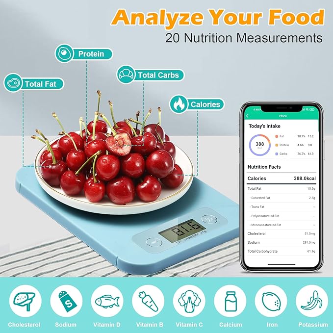 Digital Food Scale - Smart Food Scale with Nutrition Calculator APP, Kitchen Scales for Food Grams and Ounces, Food Scale for Weight Loss, Baking, Cooking, Calorie Scales with 0.1oz Accuracy (3g-5kg)