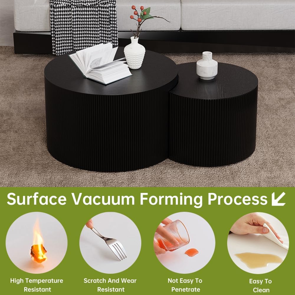 Round Nesting Coffee Table Set of 2 Small Round Coffee Tables for Living Room Modern Fluted Coffee Table Circular End Table Side Table for Small Spaces No Assembly (Black B, 27 in)