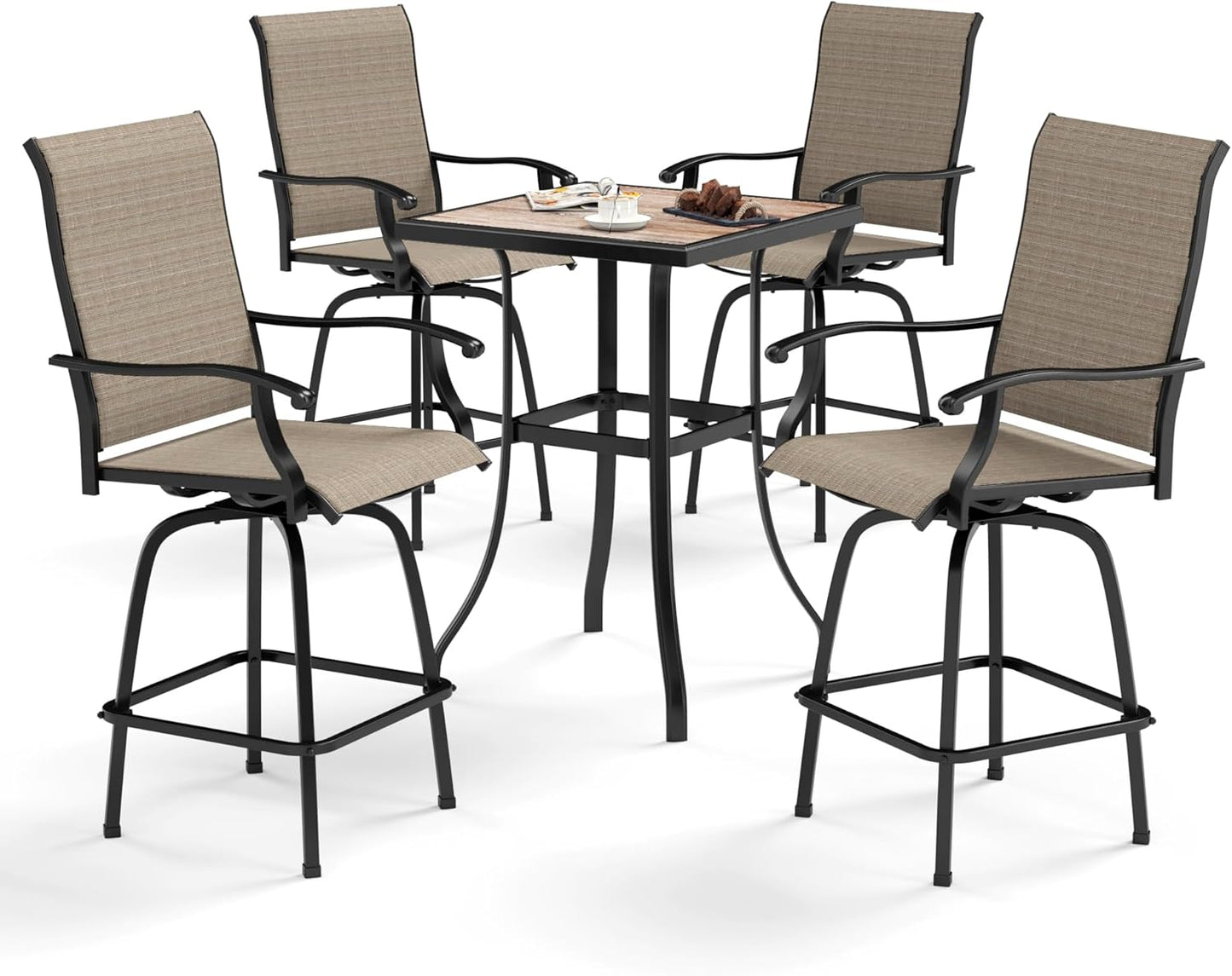 Sophia & William Outdoor Bar Set, Patio Bar Table and Chairs Set, Bar Height Patio Set - 4 x Swivel Bar Chairs(Brown), 1 x Square Bar Table(Wood-Like)