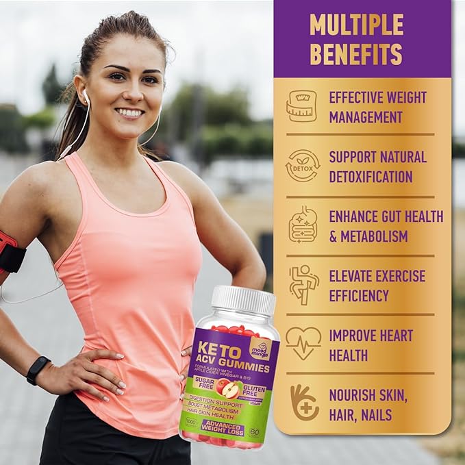 Keto ACV Gummies Gluten & Sugar-Free Apple Cider Vinegar Gummies for Advanced Weight Loss - Rapid Fat Burner Diet Supplement for Women Men - 60 Gummies (1000MG)