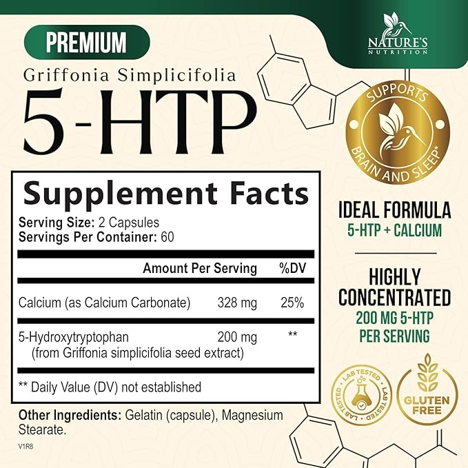 5 HTP Supplement Vegetarian Capsules 200mg 5HTP Plus Calcium for Brain Support - Extra Strength Griffonia Simplicifolia 5-HTP Formula - 5 Hydroxytryptophan - Gluten Free & Non-GMO - 120 Capsules