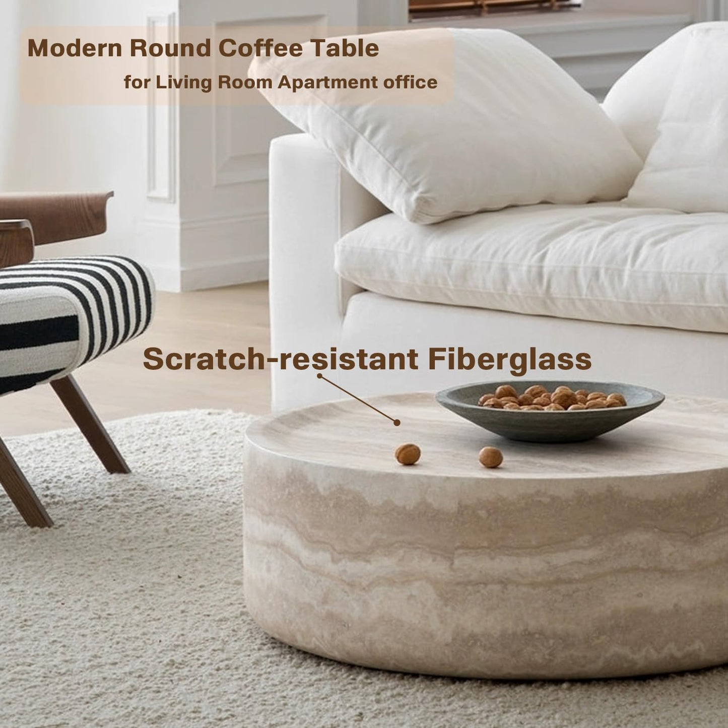 Faux Marble Coffee Table, Modern Round Coffee Table for Living Room, Circle Drum Coffee Side Tables, Fiberglass Center End Table for Small Place Apartment Office (31.49" Marble)