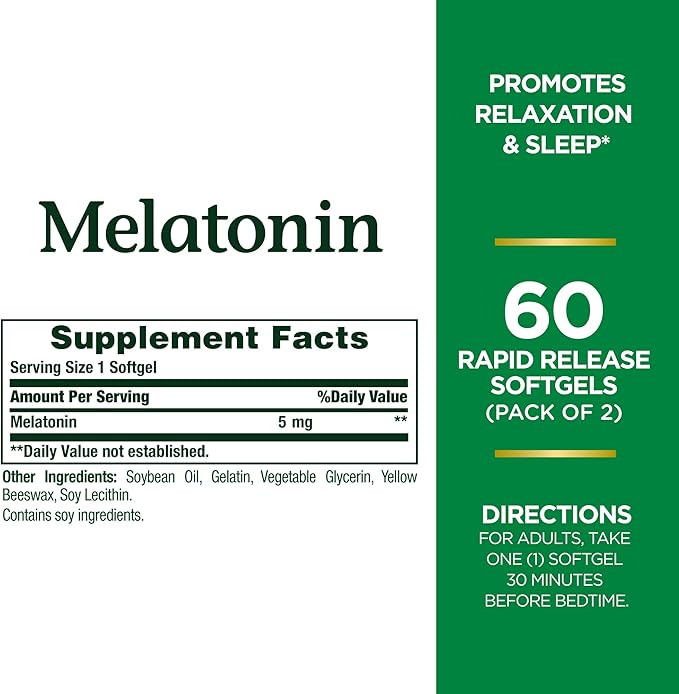 Nature's Bounty Melatonin 5mg, 100% Drug Free Sleep Aid, Dietary Supplement for Relaxation and Sleep Health - 4 Month Supply, 60 Rapid Release Softgels Twin Pack (120ct)
