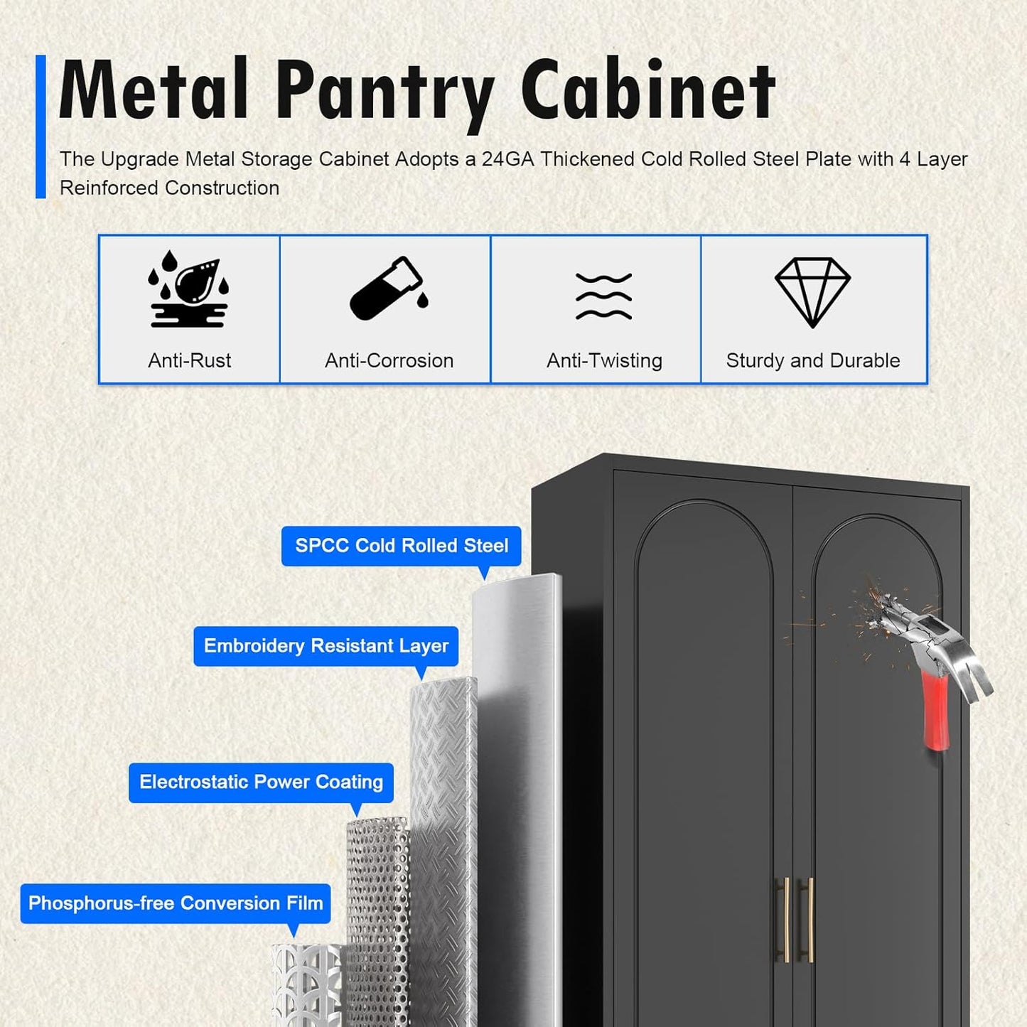 Pantry Cabinet, 75 Inch Tall Kitchen Storage Cabinet, Metal Pantry Cabinets with Doors and Adjustable Shelves, Black Freestanding Food Cupboard for Living, Dinning Room-Assembly Required