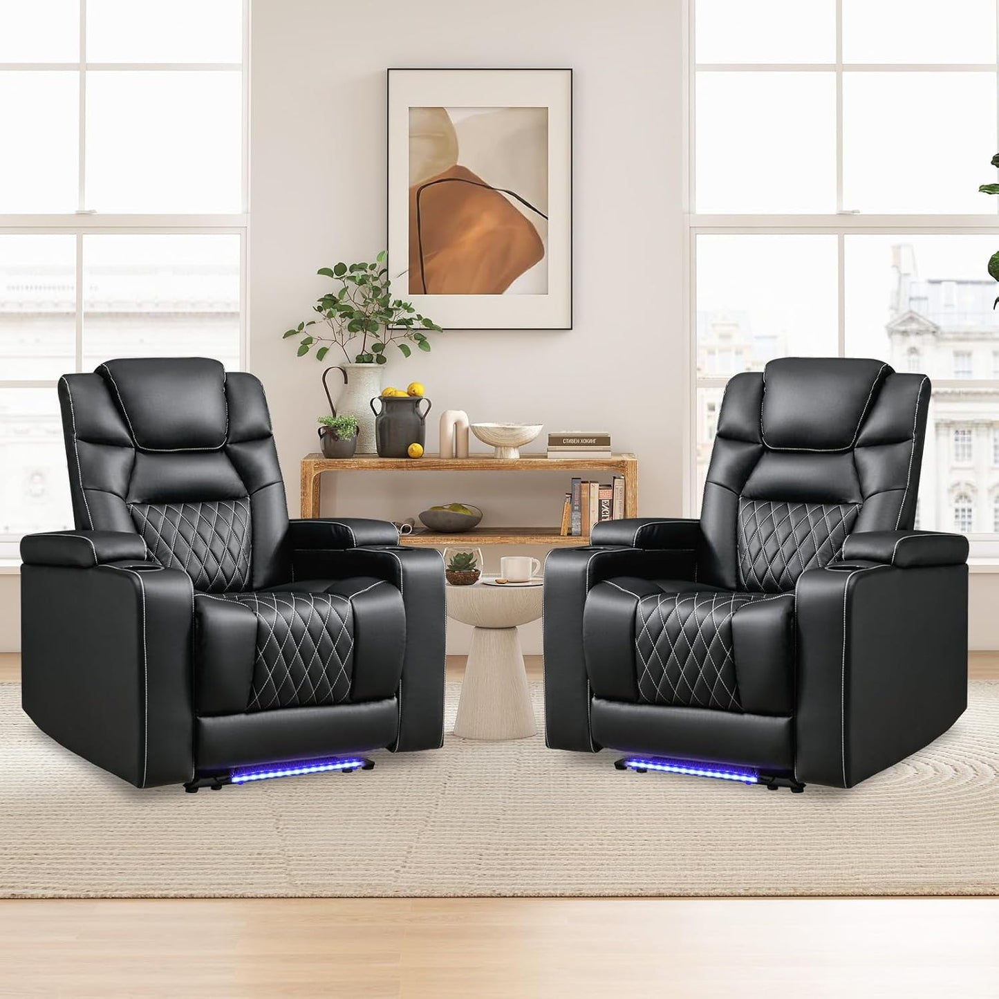 ANJ Power Home Theater Recliner Chair Set of 2, Electric Movie Theater Seating Reclining Chairs with Cup Holders for Living Room, Faux Leather with Blue LED, USB Ports, Hidden Arm Storage (Black)
