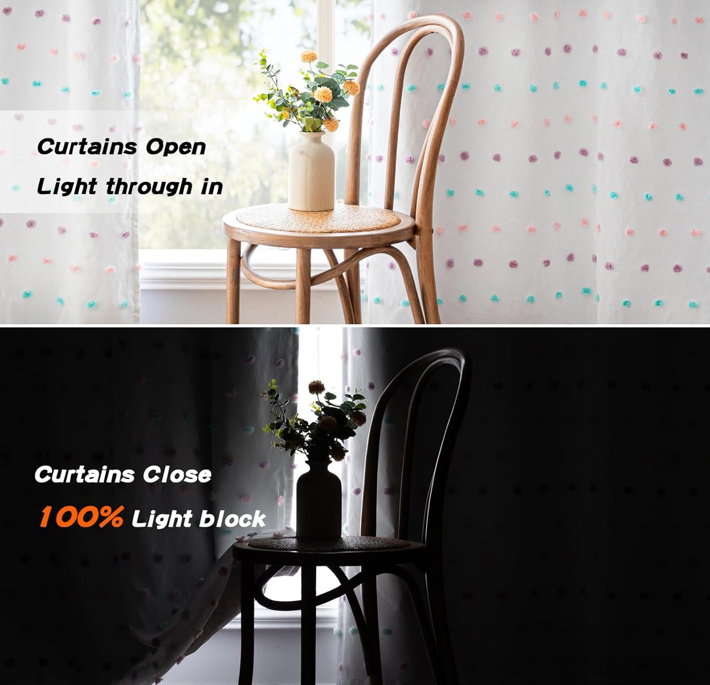 MYSKY HOME Total Blackout Curtains for Kids Bedroom 84 Inch Long 100% Light Blocking Curtains for Living Room 2 Panels Room Darkening Grommet Double Layer Drapes with Rainbow Pom Pom Sheer 52W x 84L