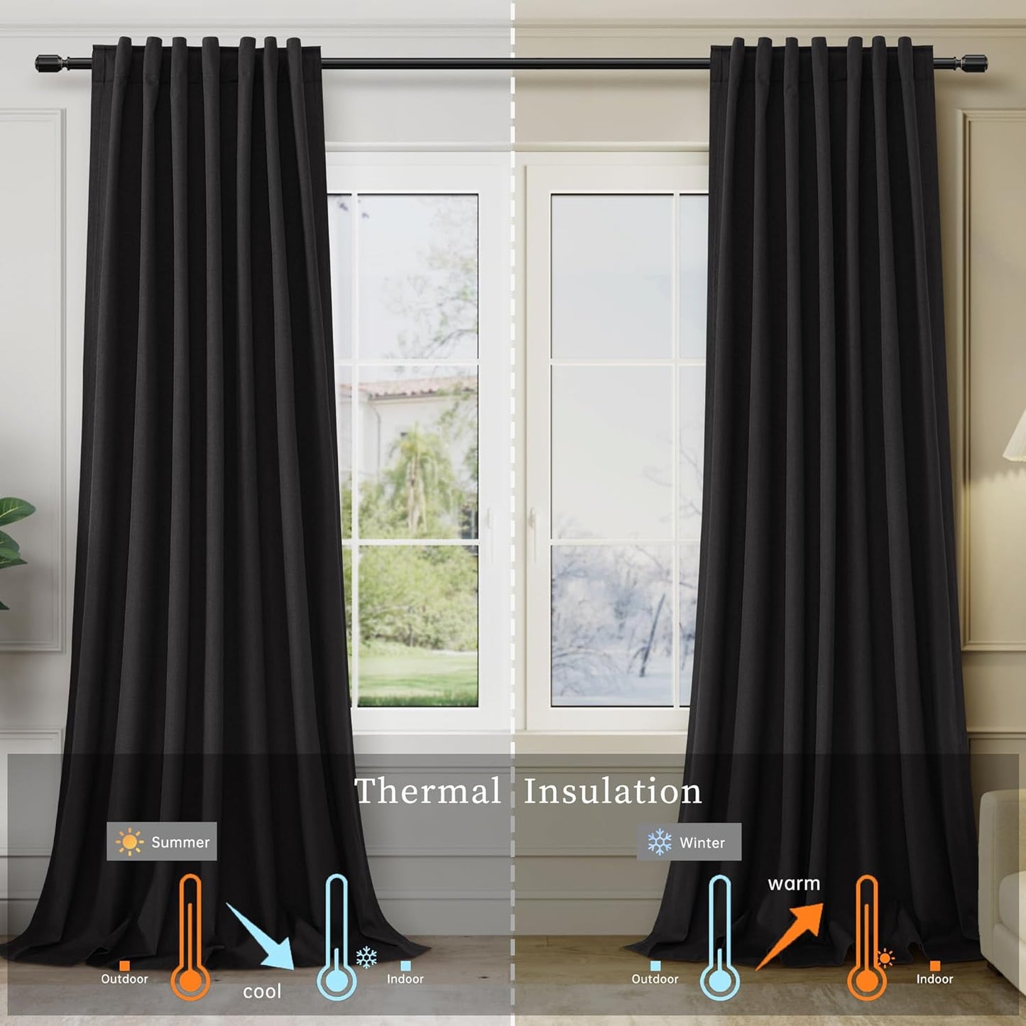 BOODII Full Blackout Curtains 90 Inches Long Room Darkening Curtain for Bedroom Sliding Door Thermal Insulated Black Out Curtains & Drapes Black Linen Curtain 2 Panels Set Back Tab 52x90