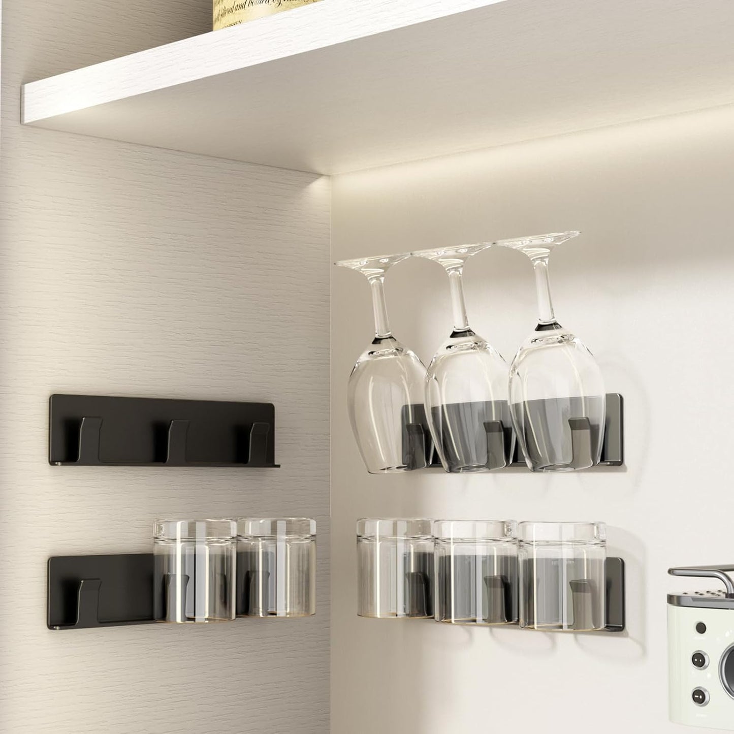 Cup Holder, 4 Pack Wine Glass Holder,No Drilling Installation Wine Glass Holder Wall Mounted for Dining Room, Kitchen and Bar Daily Use (Classic Black)