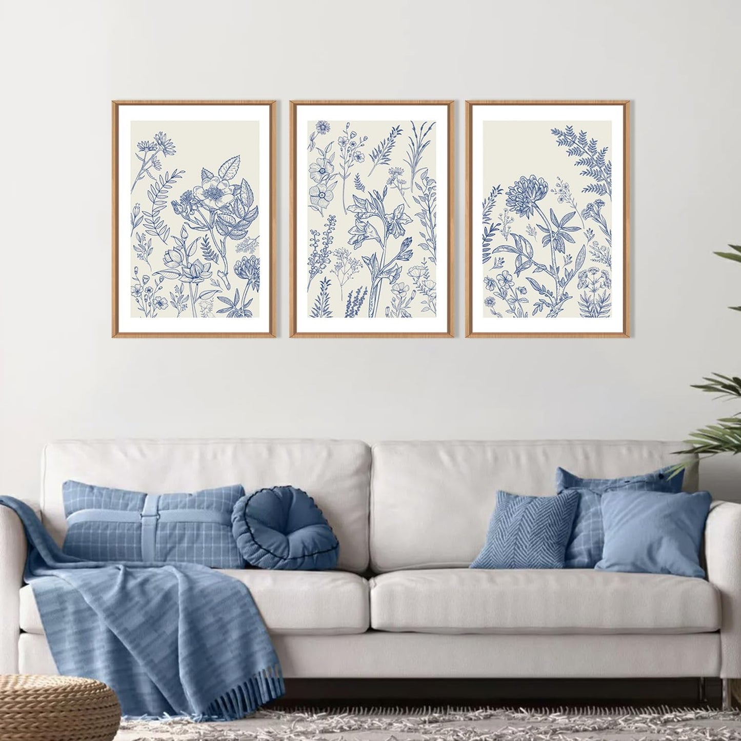 HPINUB Classic Chinoiserie Floral Framed Canvas Wall Art Set,Watercolor Blue and White Botanical Flowers Wall Decor,Navy Blue Minimalist Wildflower Art Print for Living Room,Bedroom,Office-24x36x3