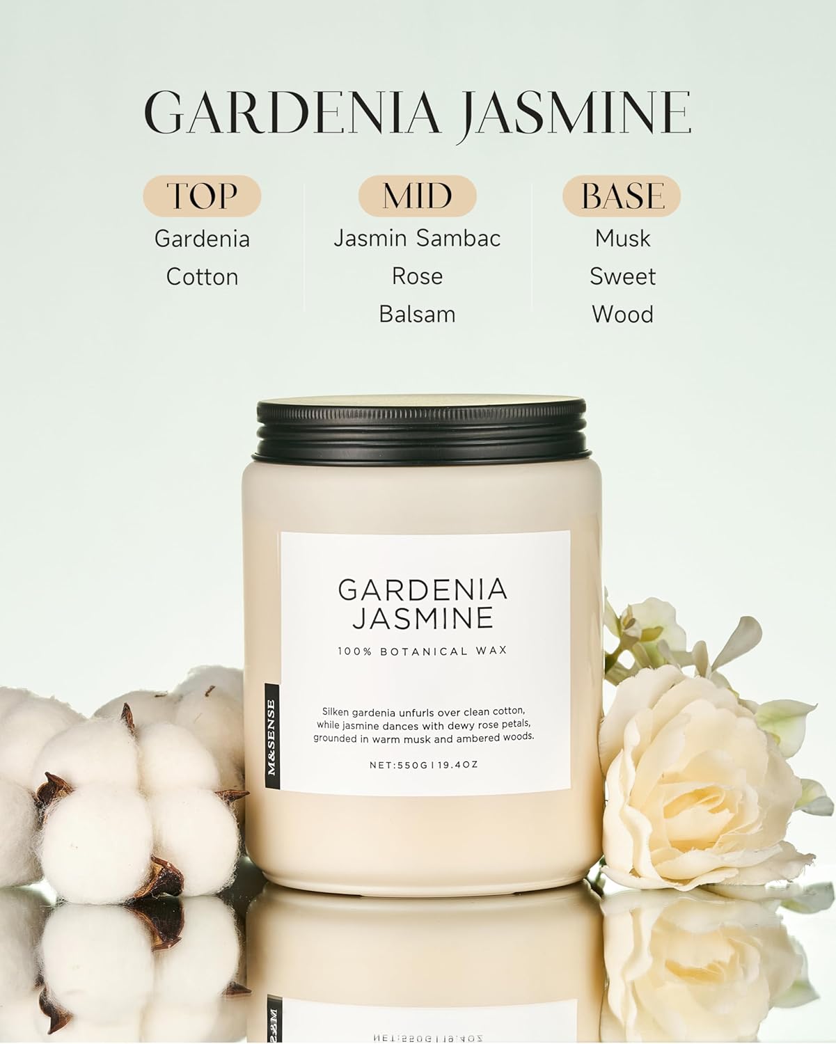M&SENSE Gardenia Jasmine Scented Candle, 110 Hours Slow Burning Clean Non Toxic 19.4oz 2 Wicks Highly Scented Aromatherapy Candle for Housewarming Gifts, Long Lasting Fragrance for Bath & Office