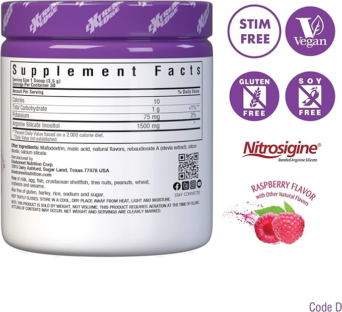 Bluebonnet Nutrition Extreme Edge Nitro Powder, Nitric Oxide Precursor*, Increase Blood Flow*, Soy-Free, Gluten-Free, Vegan, Raspberry Flavor, 3.7 oz, 30 Servings