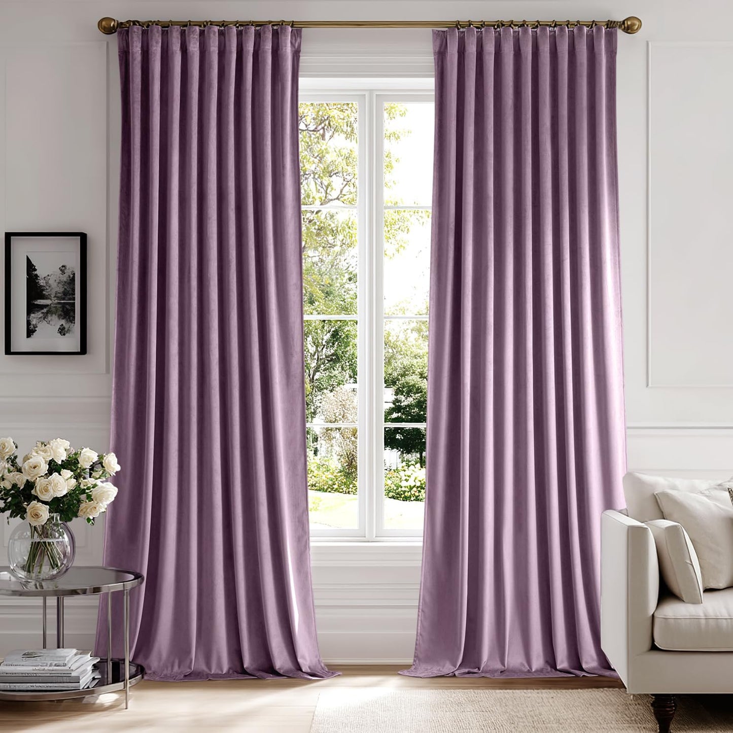 MIULEE Lavender Velvet Curtains 108 inches 2 Panels - Luxury Room Darkening Window Drapes for Bedroom Living Room Thermal Insulated Super Soft Extra Long, Back Tab Rod Pocket Pinch Pleated, Purple