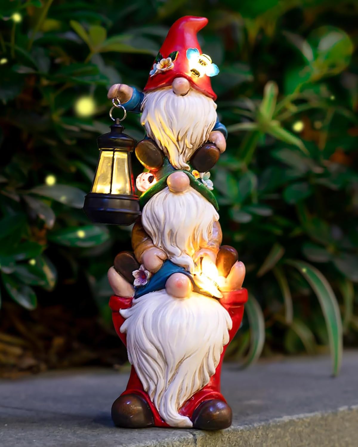 Garden Gnome Statue with Solar Lights Garden Sculptures Funny Triple Gnome Outdoor Patio Lawn Yard Balcony Garden Home Decor Birthday Gifts for Women Mom Grandma 12 in Fall Gnome