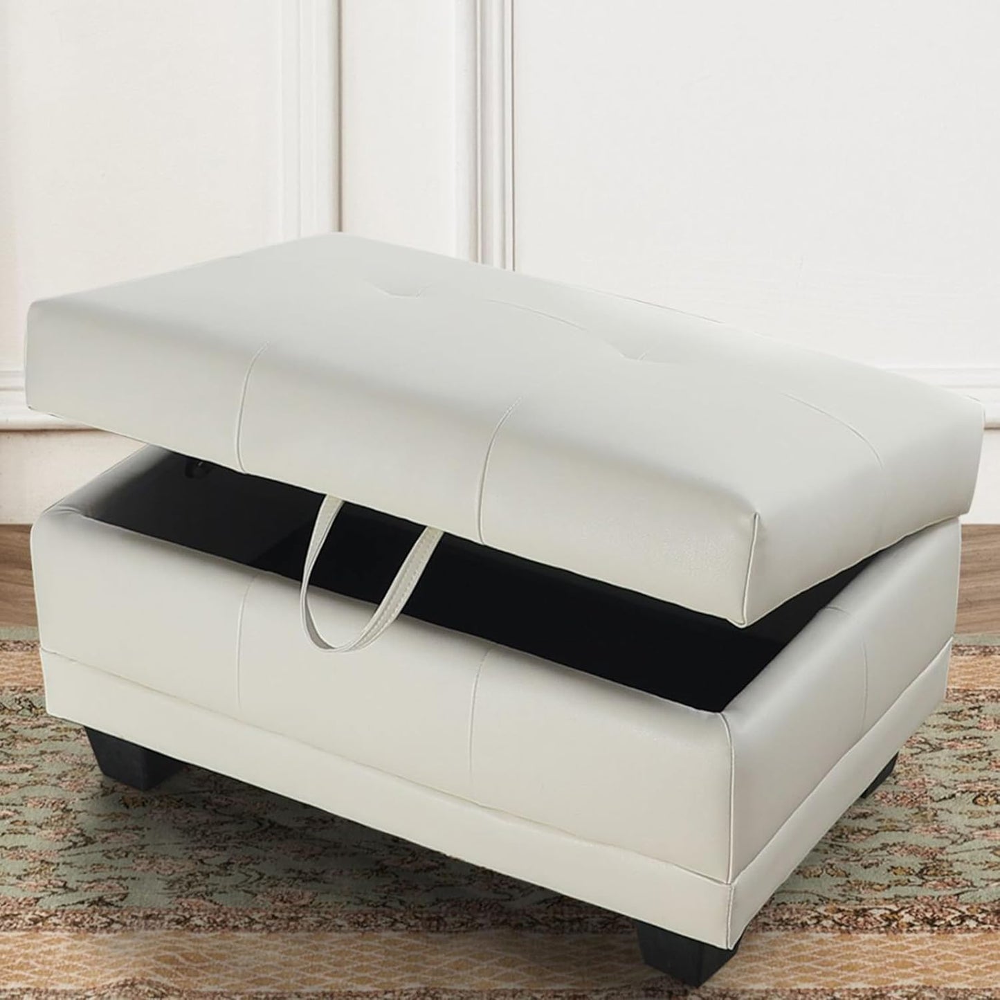 Ottoman Rectangular Storage Ottoman Bench, Faux Leather Footrest, Coffee Table, Stool Footstool with Hinged Lid for Living Room, Bedroom, Entryway, White, 33"x21"x17.5"