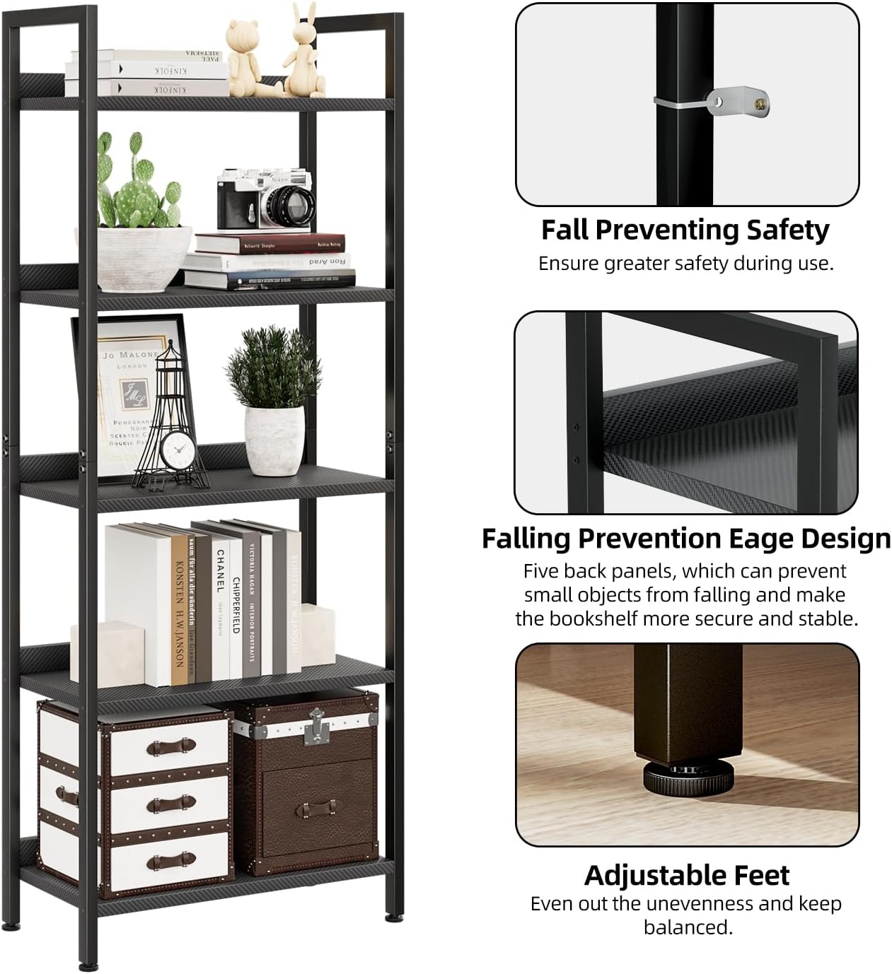 NUMENN Bookshelf, 5 Tier Bookshelves, Home Office Bookcase Shelf Storage Organizer, Free Standing Storage Shelving Unit for Bedroom, Living Room and Home Office, Carbon Fibre